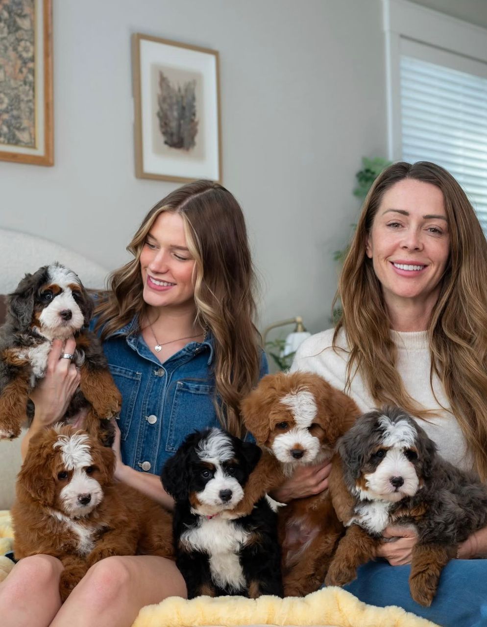The Everwood family holding six home-raised doodle puppies